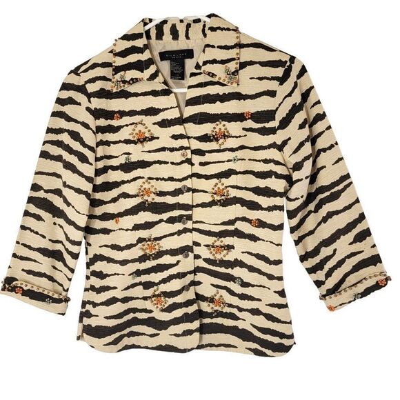 Silkland Petite Blouse Womens Size Small Beige Animal Print Silk Beaded Mob Wife - Picture 1 of 12